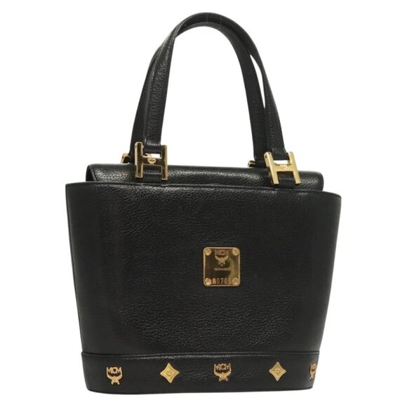 MCM Studs Hand Bag Leather Black Gold Auth 126781 - Picture 1 of 16